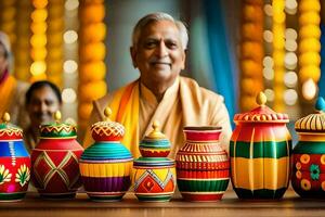 an elderly man is sitting in front of colorful pots. AI-Generated photo