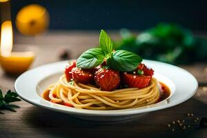 spaghetti with tomato sauce and basil leaves on a plate. AI-Generated photo