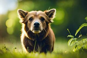 a brown dog is standing in the grass. AI-Generated photo
