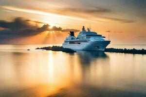 a cruise ship in the ocean at sunset. AI-Generated photo