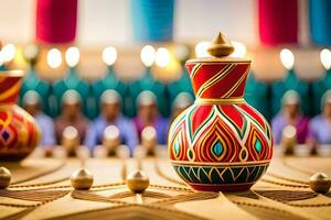 a colorful vase with candles on a table. AI-Generated photo