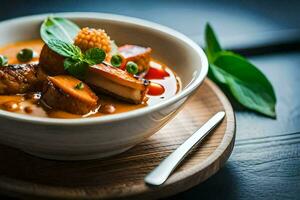 a bowl of soup with meat and vegetables. AI-Generated photo