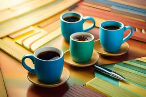 three cups of coffee sit on a table with a pen. AI-Generated photo