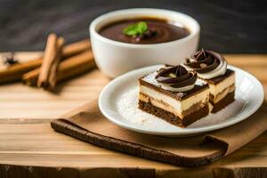 chocolate cake with whipped cream and cinnamon on a wooden table. AI-Generated photo