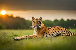 un Tigre tendido en el césped a puesta de sol. generado por ai foto