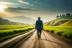 un hombre en un traje camina abajo un suciedad la carretera en un campo. generado por ai foto