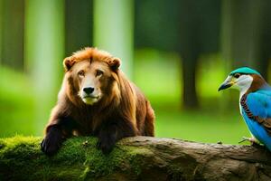 el león y el azul pájaro. generado por ai foto