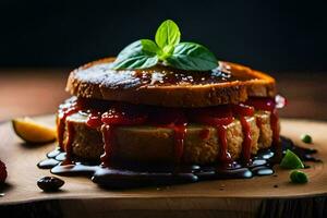 a sandwich with strawberries and syrup on top. AI-Generated photo