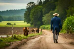 a man in a blue suit walks down a dirt road with cows. AI-Generated photo