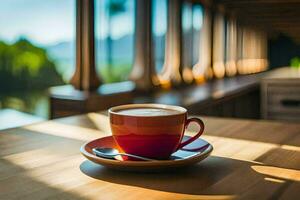 un rojo taza de café se sienta en un de madera mesa. generado por ai foto