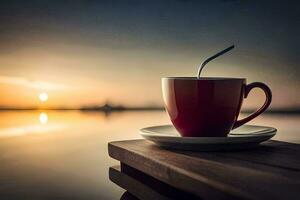 a cup of coffee on a wooden table with a view of the sunset. AI-Generated photo