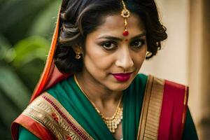 a beautiful indian bride in a green sari. AI-Generated photo