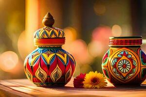 two colorful vases with flowers on a table. AI-Generated photo