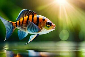 a fish with black and white stripes is swimming in the water. AI-Generated photo