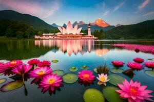 the beautiful pink lotus flower in the lake. AI-Generated photo