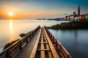 the sun sets over a pier in venice. AI-Generated photo