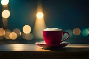 a red cup of coffee on a wooden table in front of a blurred background. AI-Generated photo