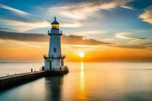 a lighthouse stands on the water at sunset. AI-Generated photo