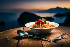 spaghetti with raspberries and a spoon on a wooden table. AI-Generated photo