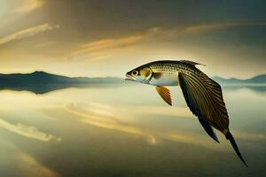 a fish is flying over the water with a sunset in the background. AI-Generated photo