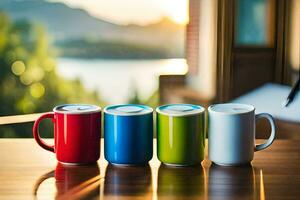 four colorful mugs sitting on a table. AI-Generated photo