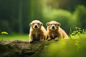 dos cachorros sentado en un Iniciar sesión en el césped. generado por ai foto