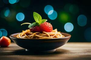 spaghetti with strawberry and mint leaves in a bowl. AI-Generated photo