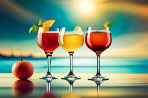 three glasses of different drinks with an apple on the table. AI-Generated photo