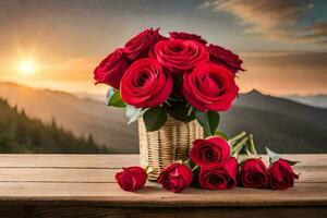 photo wallpaper the sky, flowers, mountains, sunset, roses, the sun, roses, roses. AI-Generated