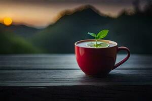 a cup of coffee with a green plant on the table. AI-Generated photo