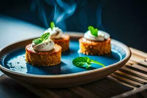 three small cakes on a plate with mint leaves. AI-Generated photo