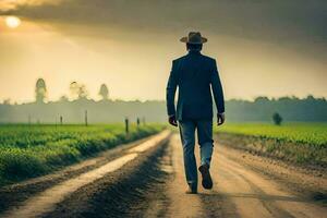 a man in a suit and hat walks down a dirt road. AI-Generated photo