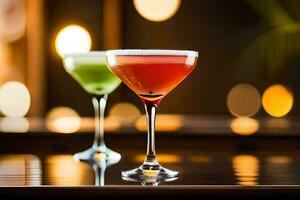 two cocktails sit on a table in front of a blurry background. AI-Generated photo