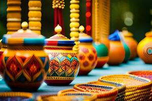 colorful pottery on display at an indian market. AI-Generated photo