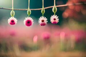 pink flowers hanging from a branch in a field. AI-Generated photo