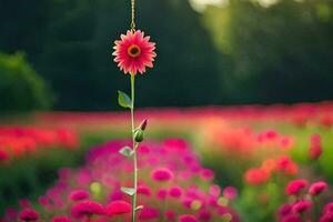 a pink flower is standing in a field of pink flowers. AI-Generated photo