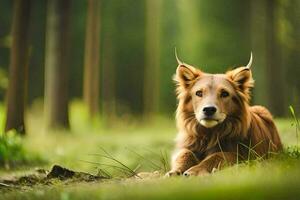 a dog with horns laying in the grass. AI-Generated photo