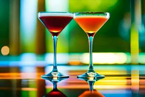 two cocktails on a table with colorful lights. AI-Generated photo