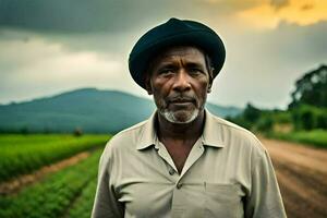 a man in a hat stands in a field. AI-Generated photo