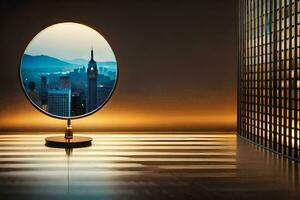 a mirror with a city view in the background. AI-Generated photo