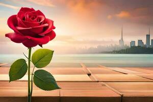 a red rose is sitting on a wooden dock with a city in the background. AI-Generated photo