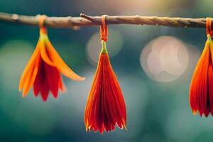three orange flowers hang from a branch. AI-Generated photo