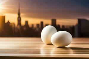 two eggs on a table in front of a city skyline. AI-Generated photo