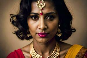 un hermosa indio mujer vistiendo joyería y un rojo sari. generado por ai foto