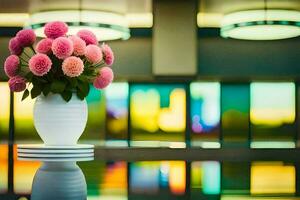 a vase of pink flowers on a table in front of a window. AI-Generated photo