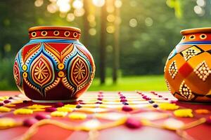 two colorful vases sitting on a table with a sun shining in the background. AI-Generated photo