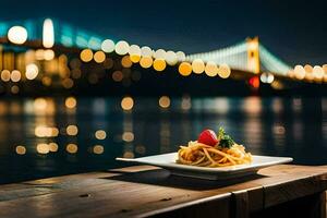 a plate of pasta on a table in front of a bridge. AI-Generated photo