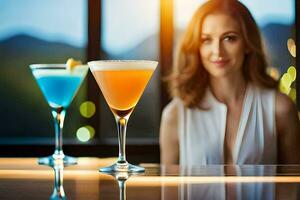 a woman is sitting at a bar with three different colored cocktails. AI-Generated photo