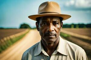 a man in a hat stands in the middle of a dirt road. AI-Generated photo