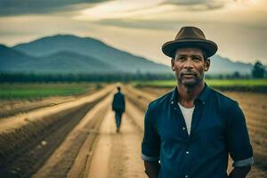 a man in a hat standing on a dirt road. AI-Generated photo